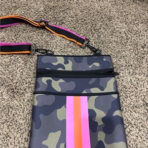 Neoprene Camouflage Crossbody Bag with Pink and Orange Stripes